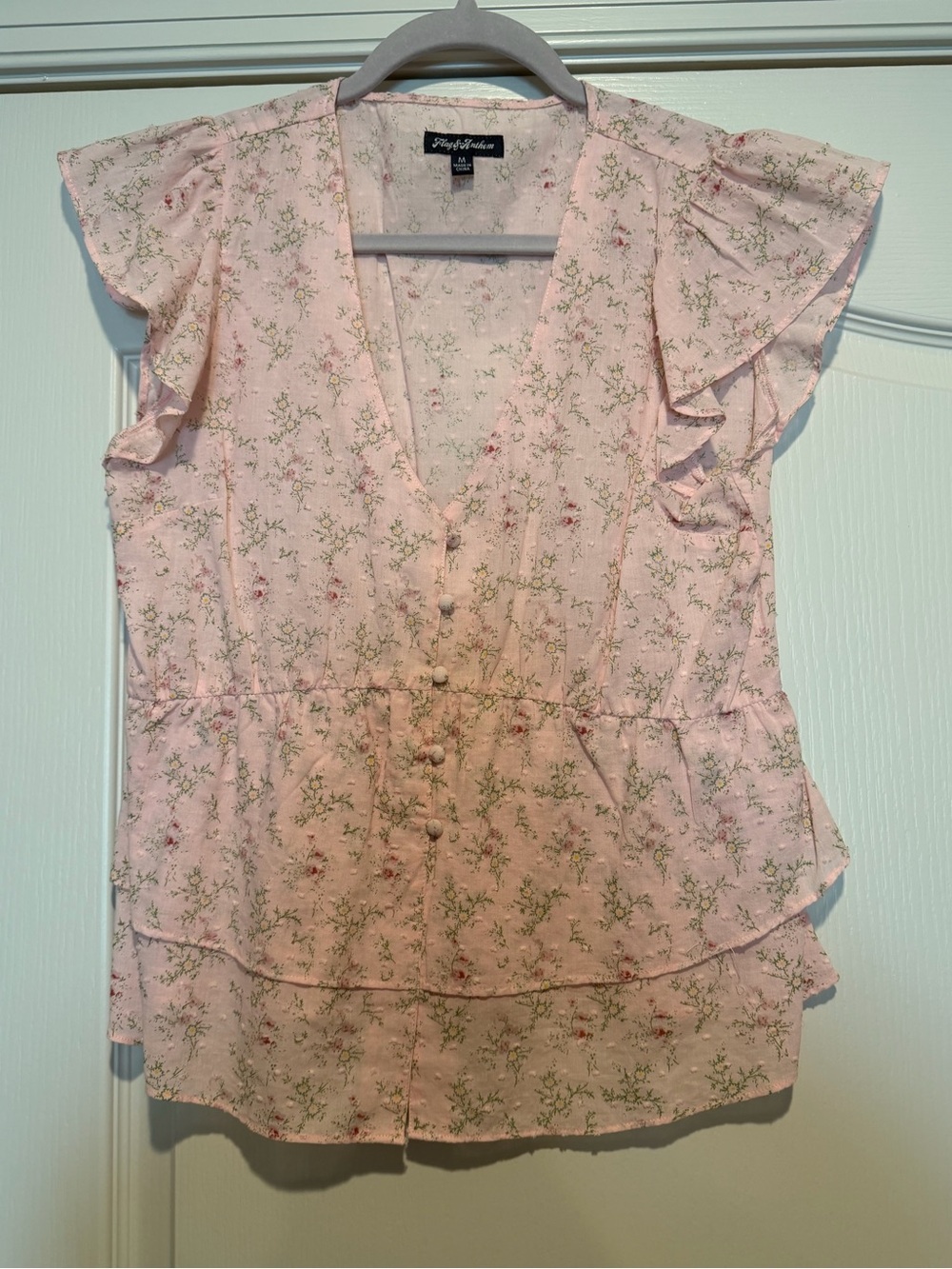 Light Pink Floral Button-Front Ruffle Sleeve Blouse - Petite